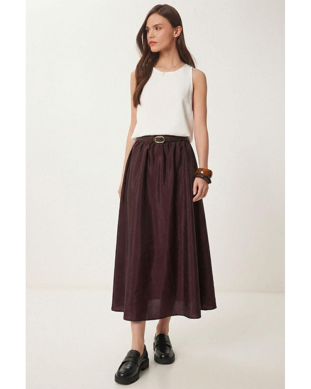 Happiness İstanbul Multicolor High-Waist Belted Midi A-Line Skirt