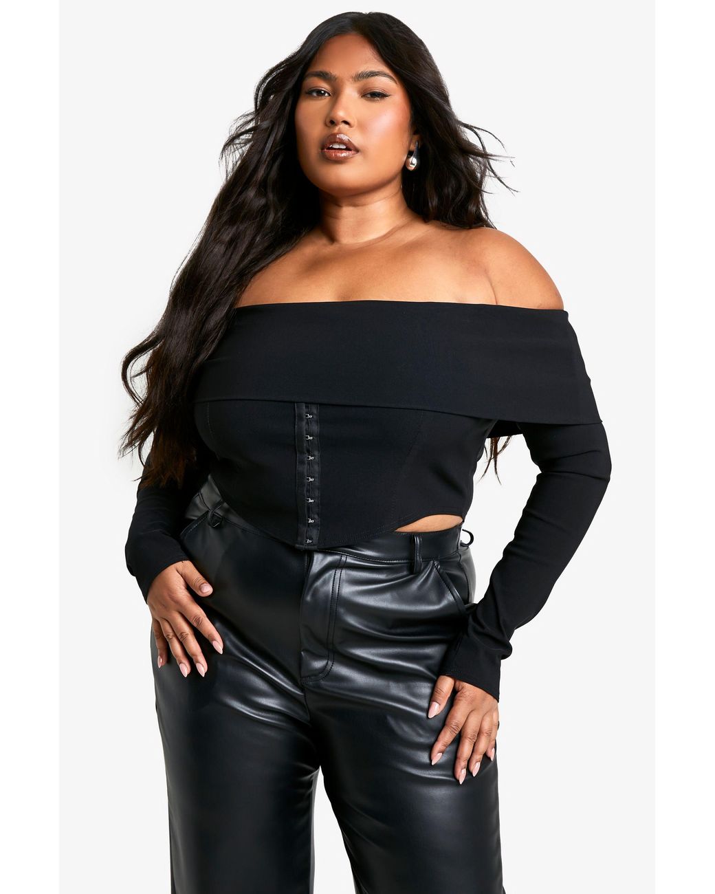 Boohoo Black Plus Bengaline Off Shoulder Hook & Eye Top