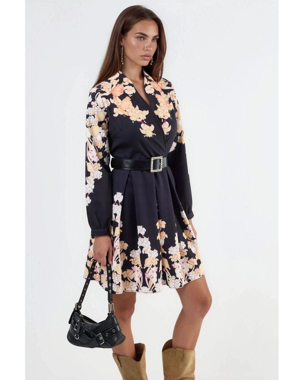 Msn-Collection Blue Floral Print V-Neck Belted Mini Dress