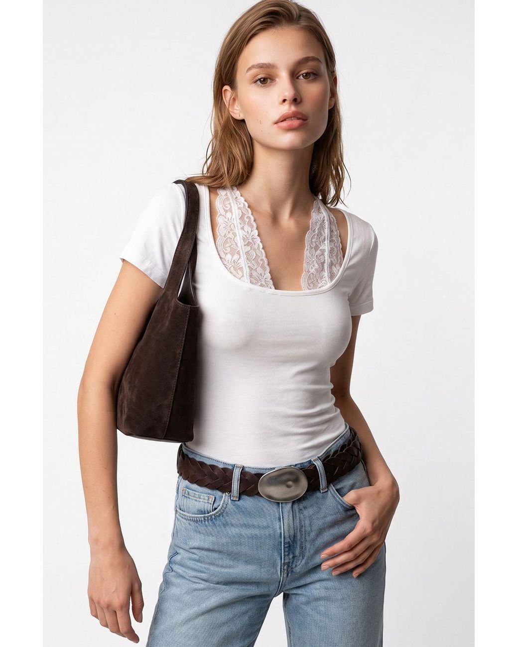 MixRay White Lace Viscose U-Neck Slim Fit Blouse