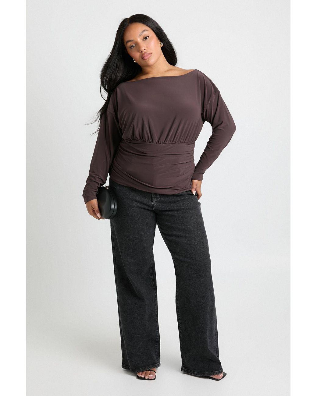 Boohoo Black Plus Gathered Panel Long Angel Sleeve Blouson Top