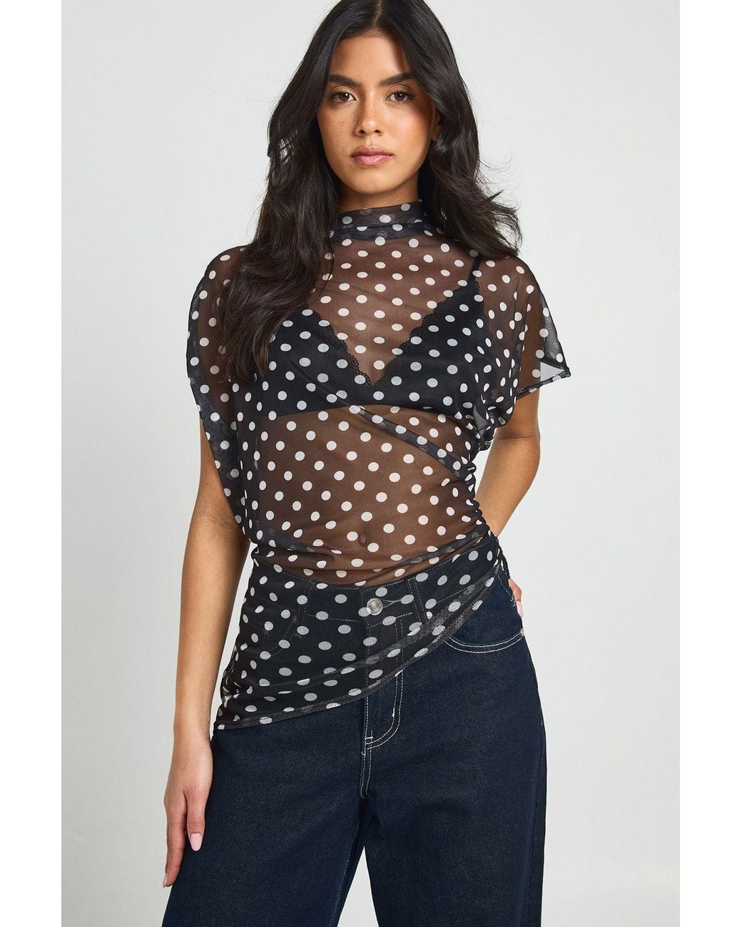 Boohoo Black Mesh Polka Dot High Neck Ruched Side Asymmetric Top