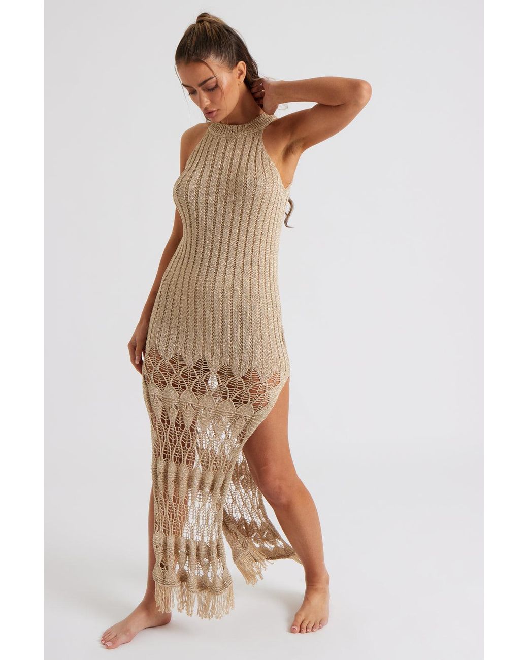 Urban Bliss Brown Crochet Tassel Knit Midaxi Dress