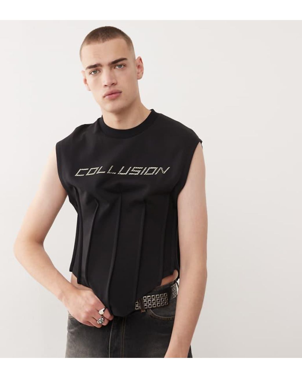 Collusion Black Corset Shrunken Sweat Tank With Metal Branding for men