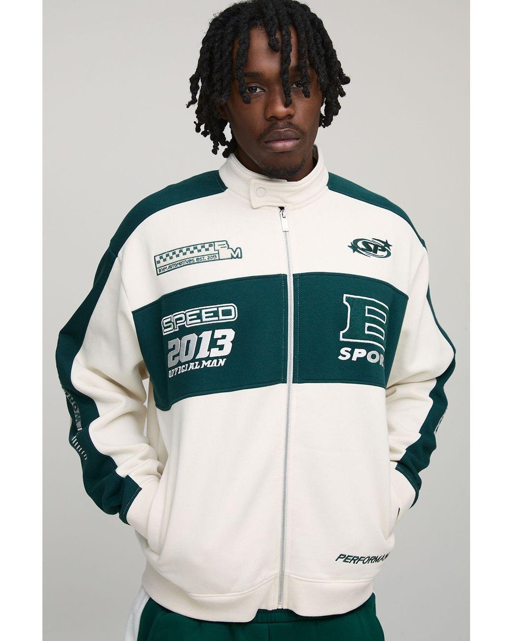 BoohooMAN Multicolor Tall Oversized Jersey Embroidered Varsity Jacket for men