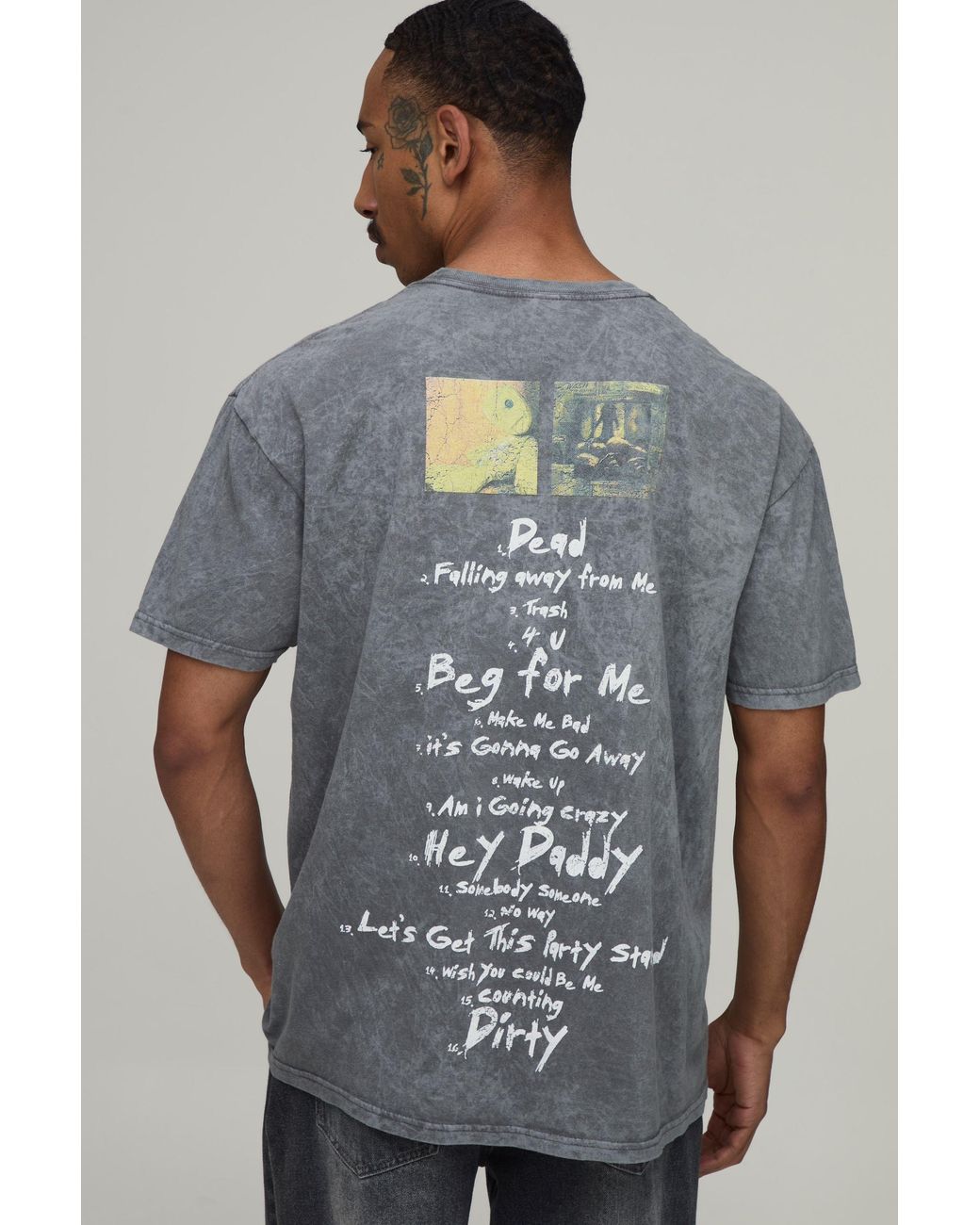 BoohooMAN Gray Oversized Washed Korn License Print T-Shirt for men