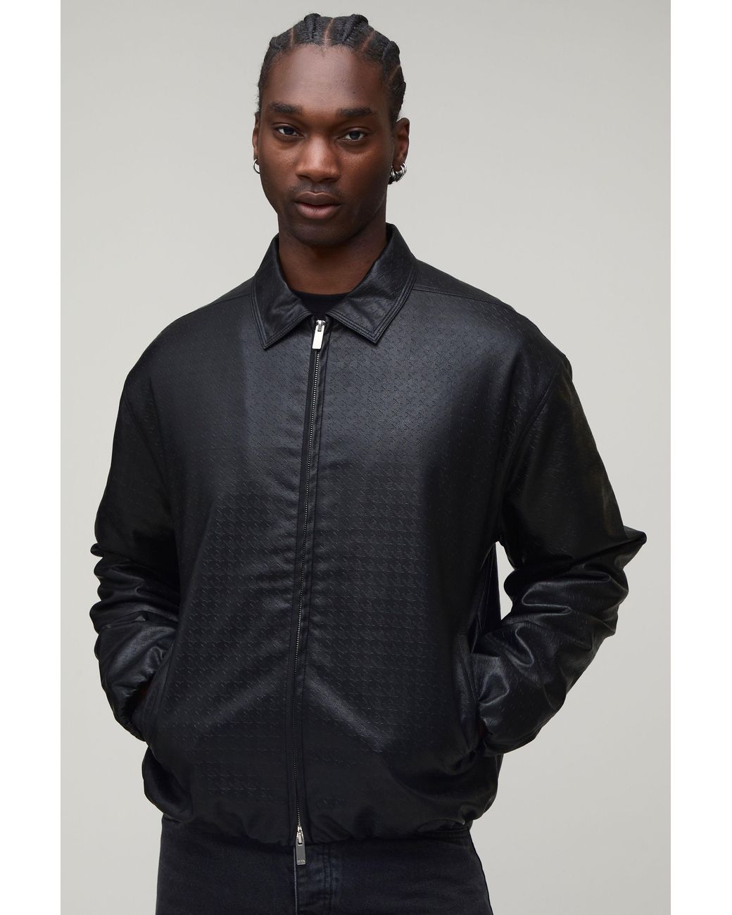 BoohooMAN Black Tall Boxy Fit Pu Textured Harrington Jacket for men
