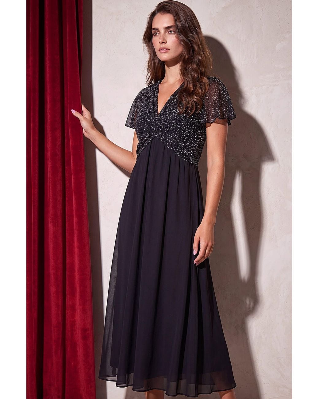 Roman Brown Petite Contrast Mesh Chiffon Dress
