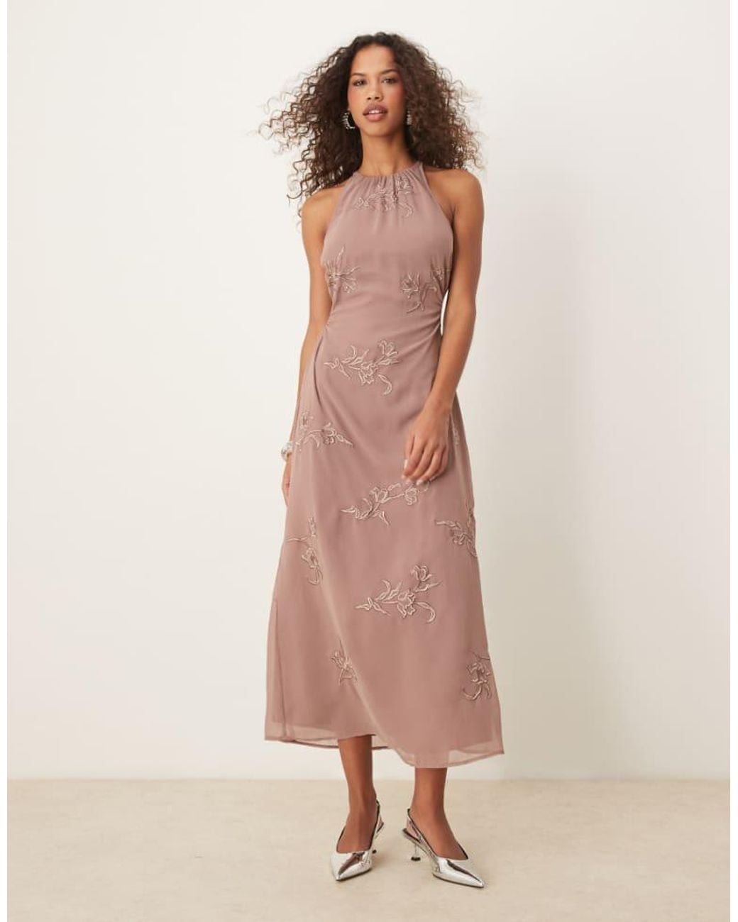 ASOS Pink All Over Floral Embroidered Halter Maxi Dress With Open Back