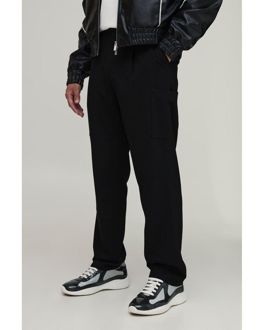 BoohooMAN Black Straight Leg Tailored Look Cargo Trousers for men
