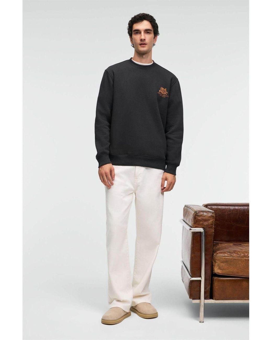 Grimelange Black Printed Logo Crew Neck Sweatshirt for men