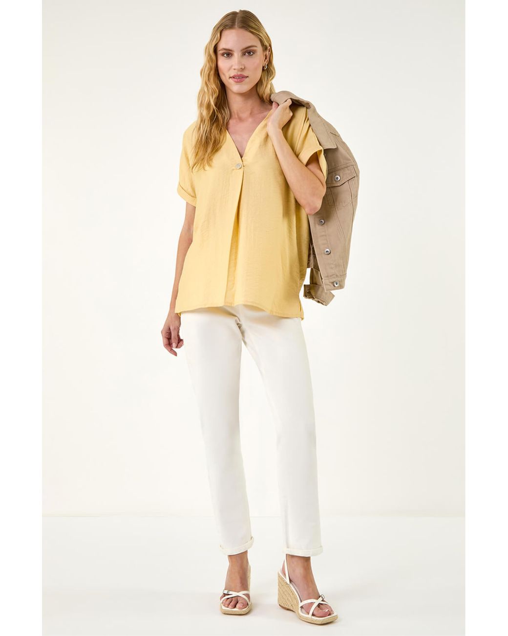 Roman Natural Pleat Front V-Neck Top