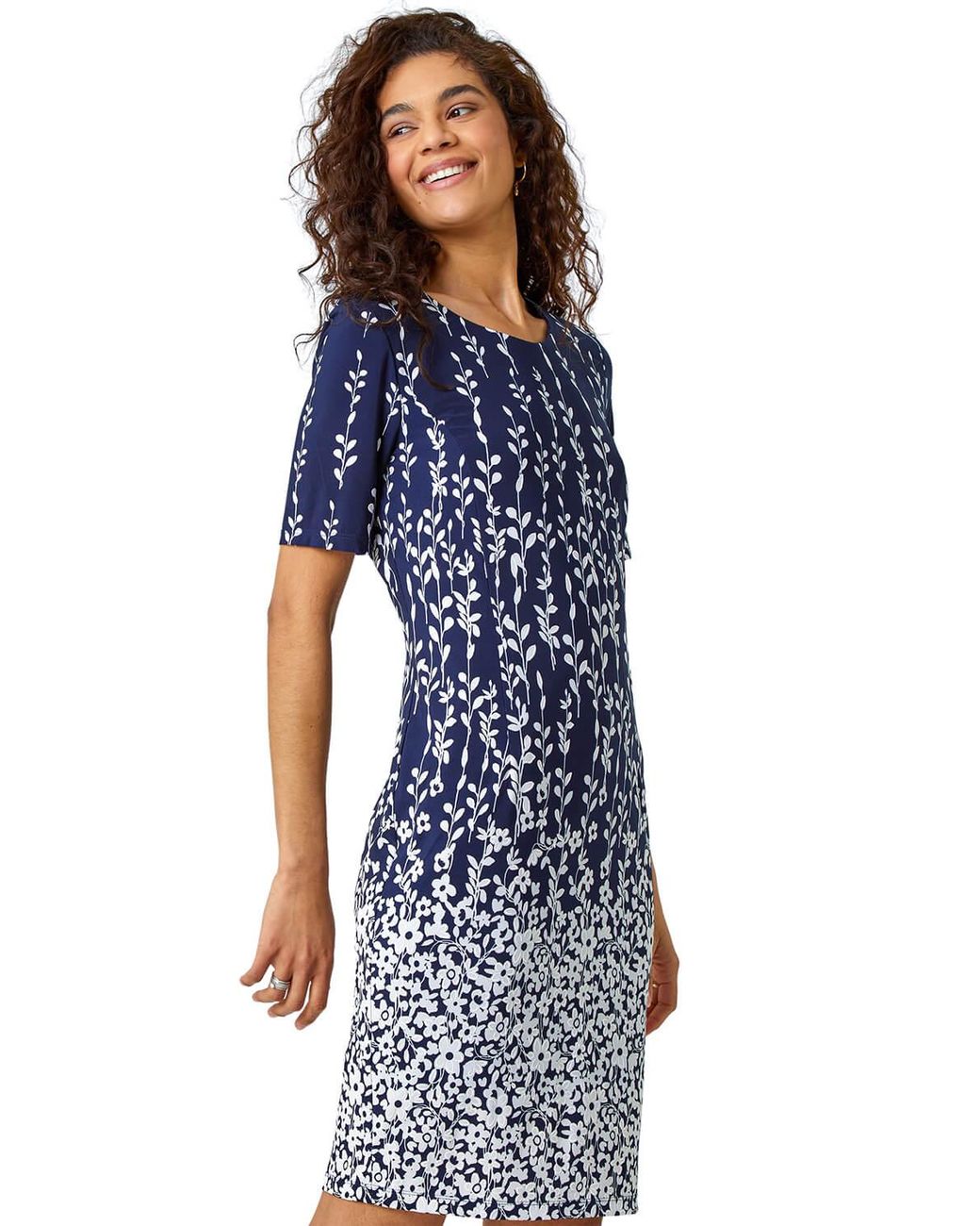 Roman Blue Border Print Floral Shift Dress