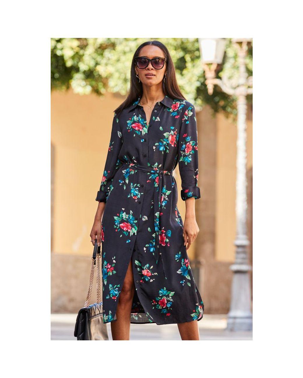 Sosandar Blue Floral Print Belted Midi Shirt Dress