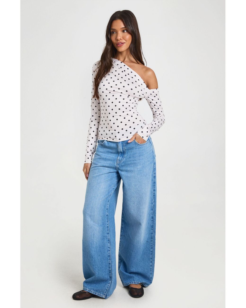 Boohoo White Polka Dot One Shoulder Top