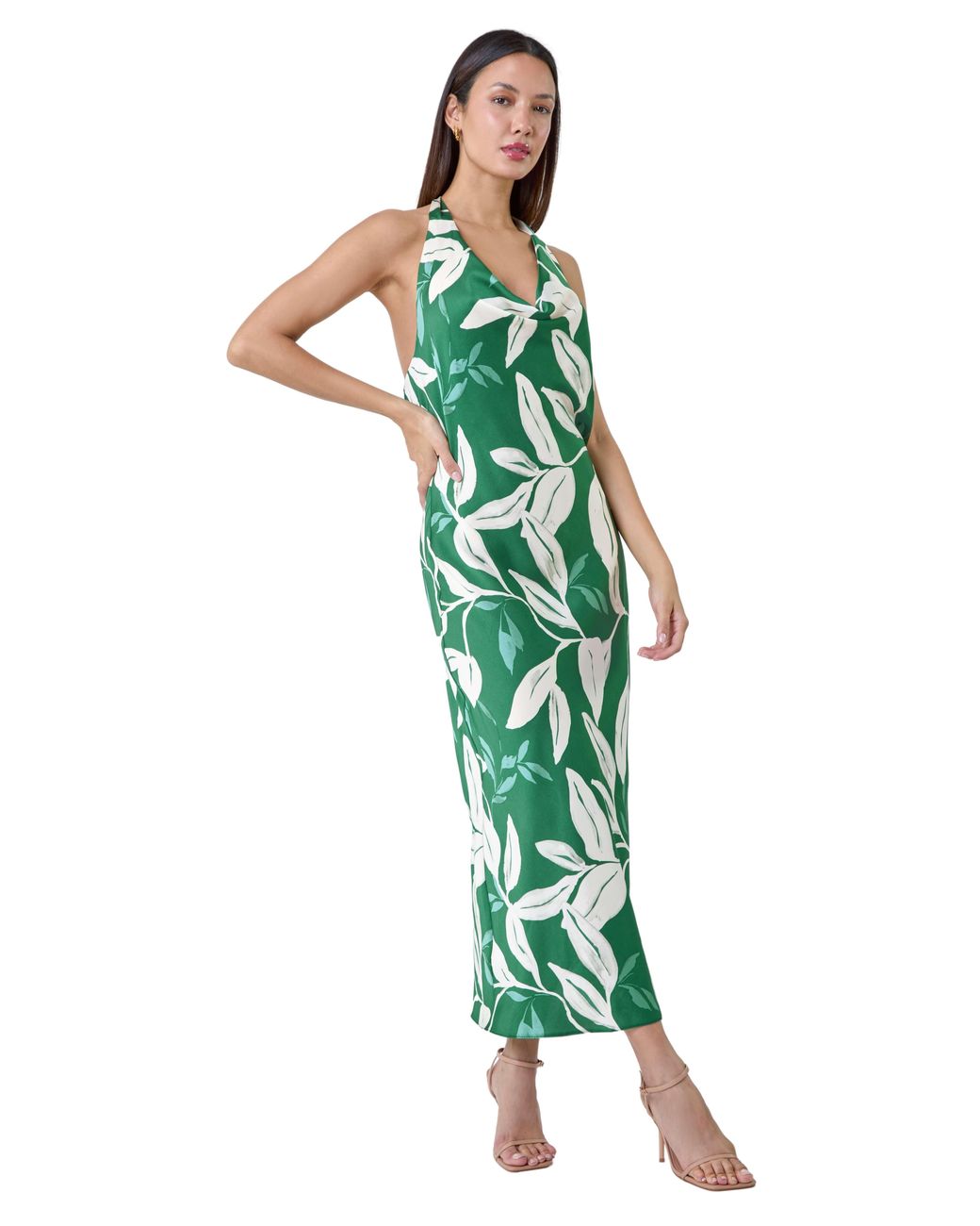 Roman Green Floral Print Satin Bias Cut Bodycon Dress