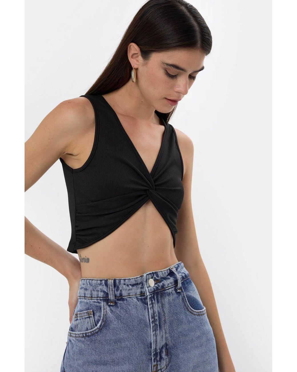 Hiccup Black Solid Rib Twist Front Crop Top