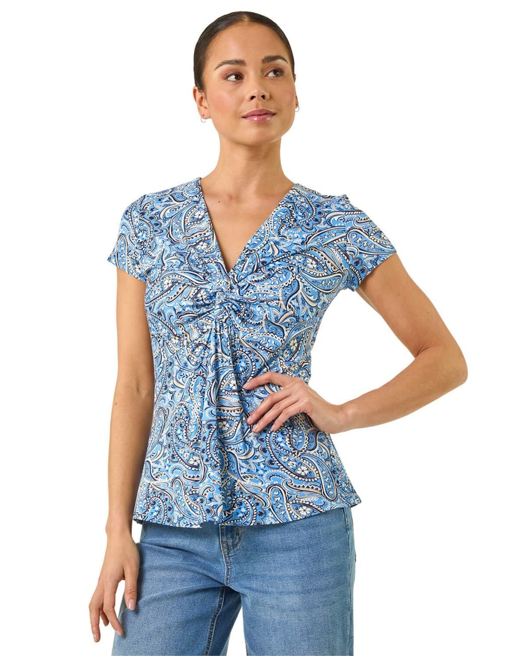 Roman Blue Petite Abstract Twist Front Stretch Top