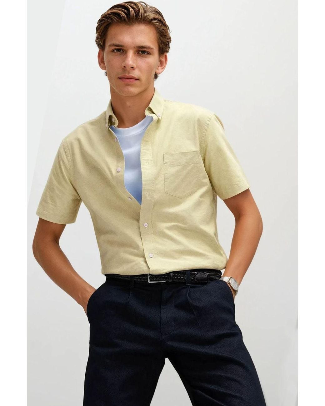 Secret Label Yellow Short Sleeve Cotton Oxford Shirt for men