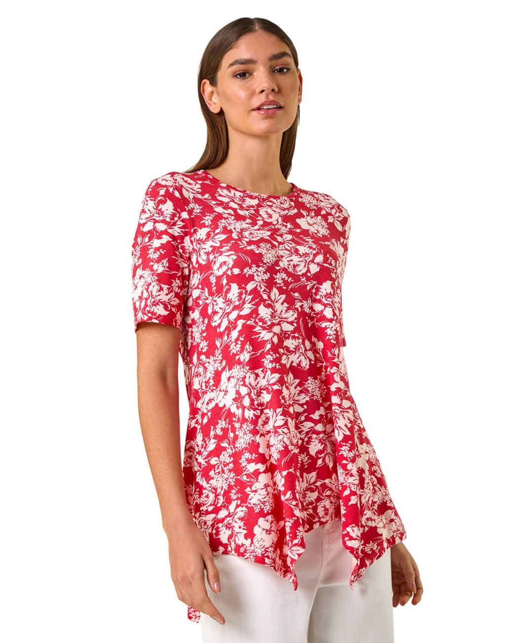 Roman Red Leaf Print Hanky Hem Tunic Top
