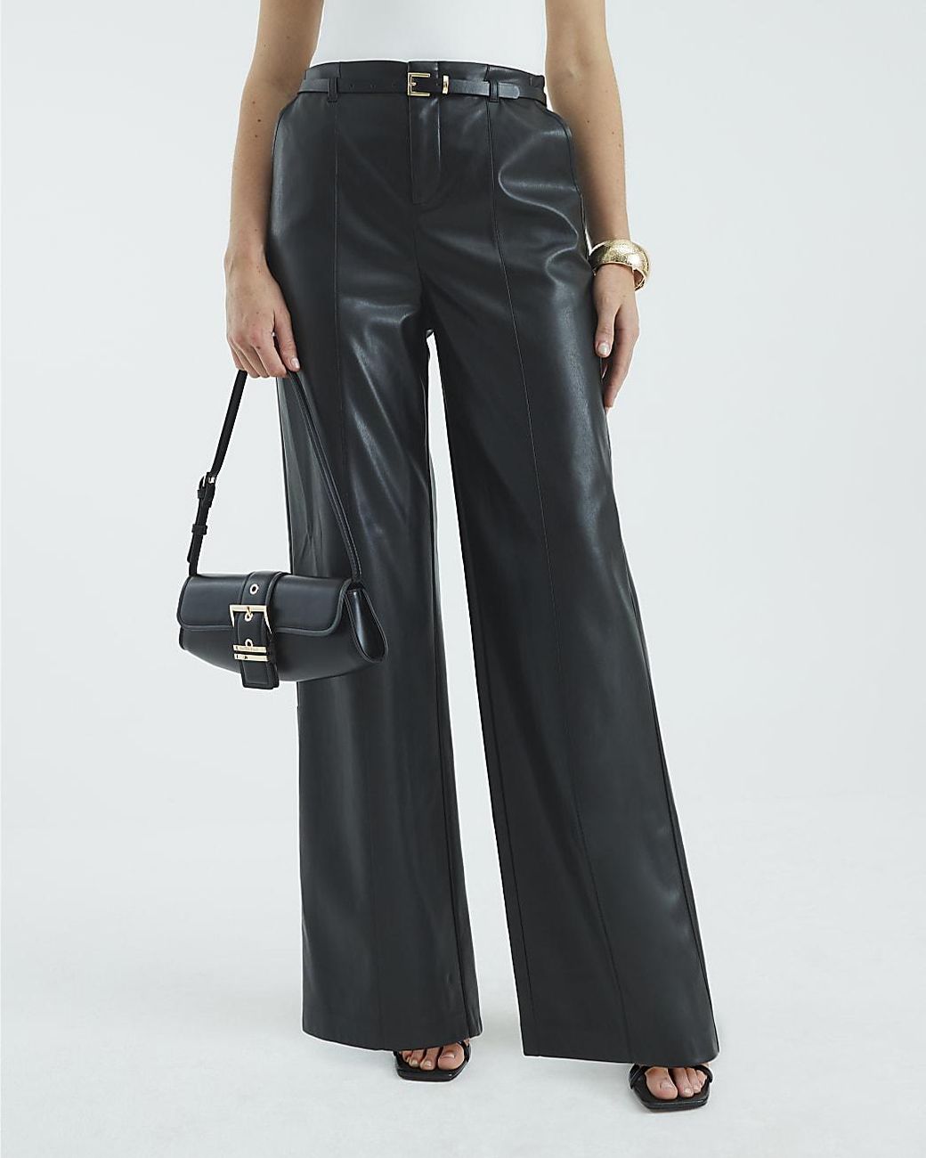 River Island Blue Wide Leg Trousers Faux Leather Belted Pu