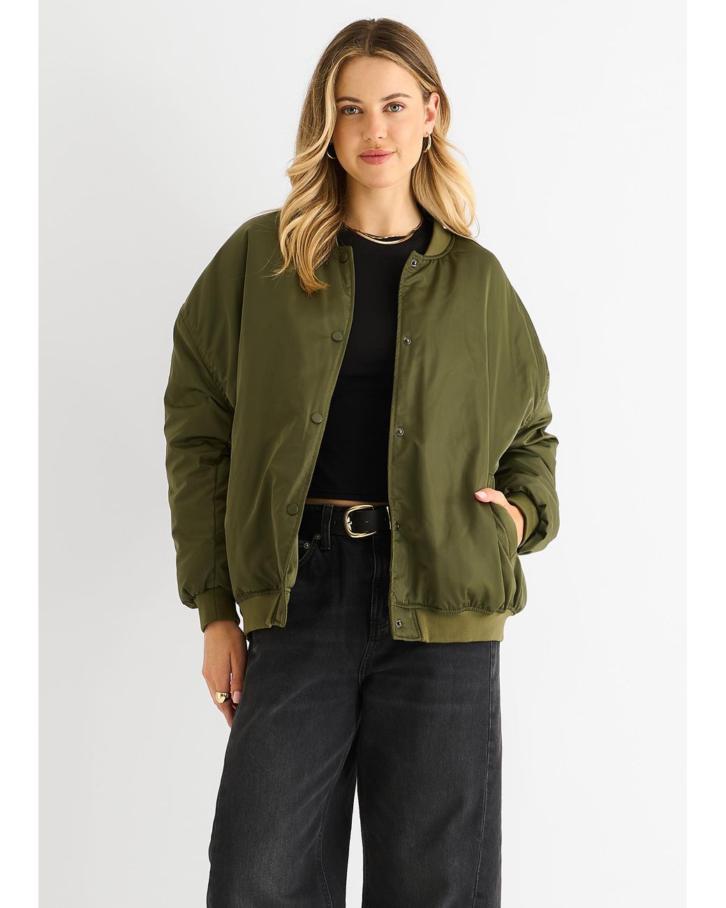Gini London Green Padded Oversized Bomber Jacket
