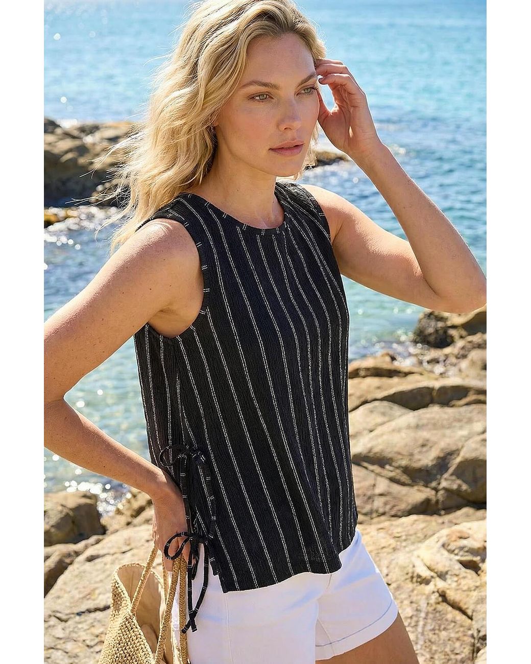 Roman Black Stripe Side Tie Detail Top