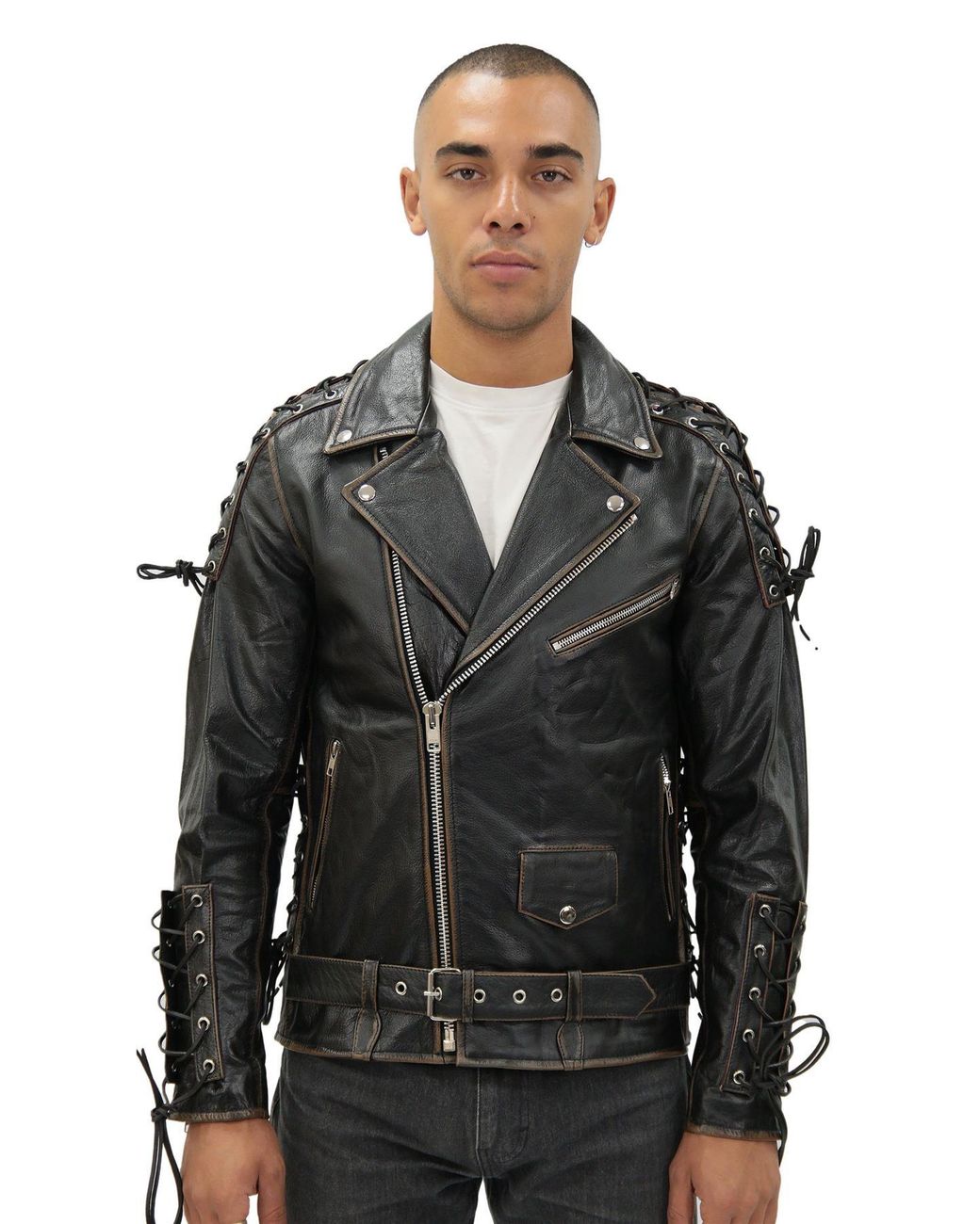 Infinity Leather Black Embossed Brando Biker Jacket-Chicago for men