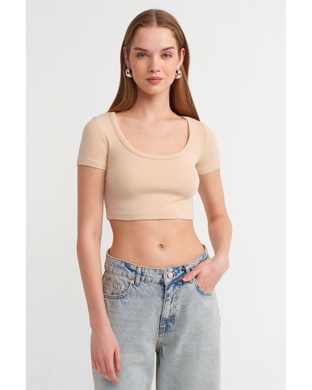 Dilvin Blue Ribbed Crop T-Shirt