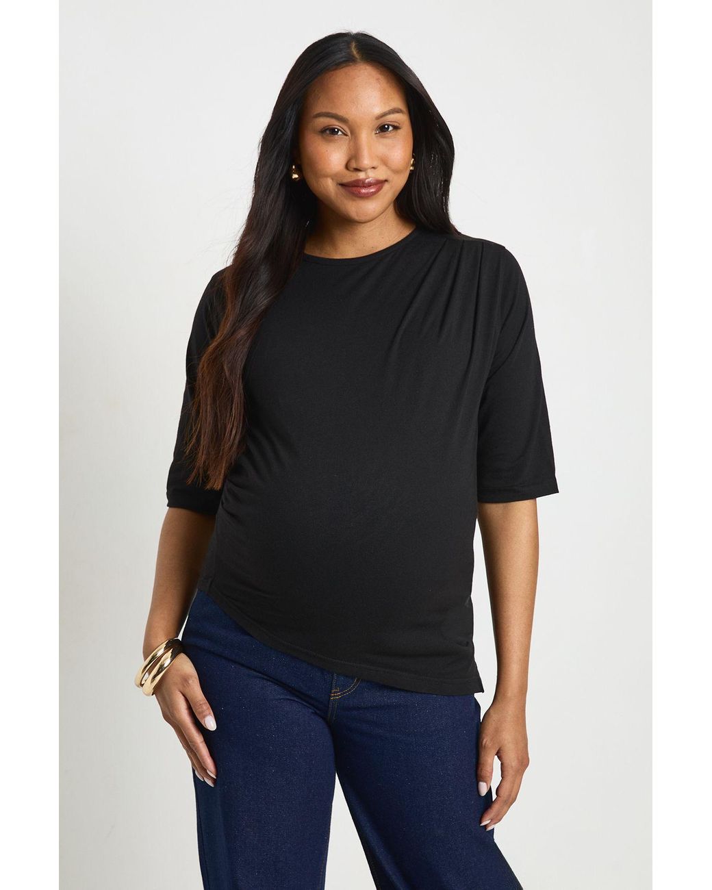 Boohoo Black Maternity Asymmetric Hem Cinched Waist 3/4 Sleeve T-Shirt