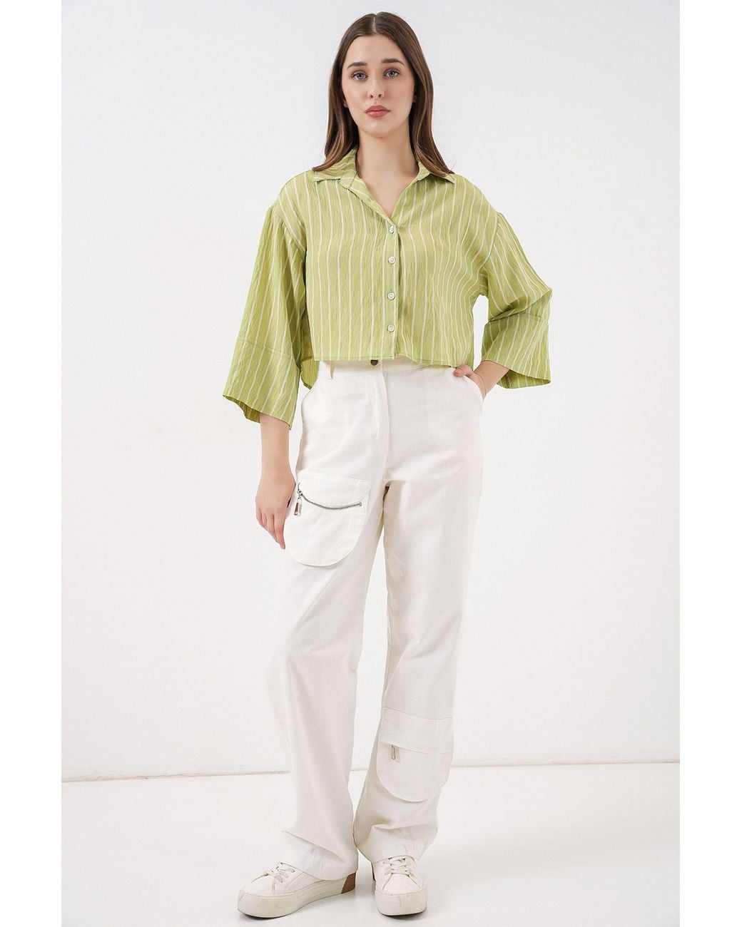 Bigdart Green Oversized Striped Cropped Shirt With Button Closure