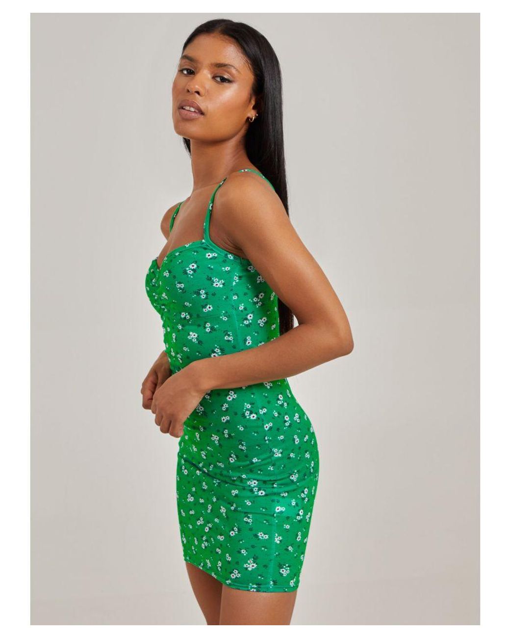 Pink Vanilla Green Gathered Cami Strap Floral Mini Dress