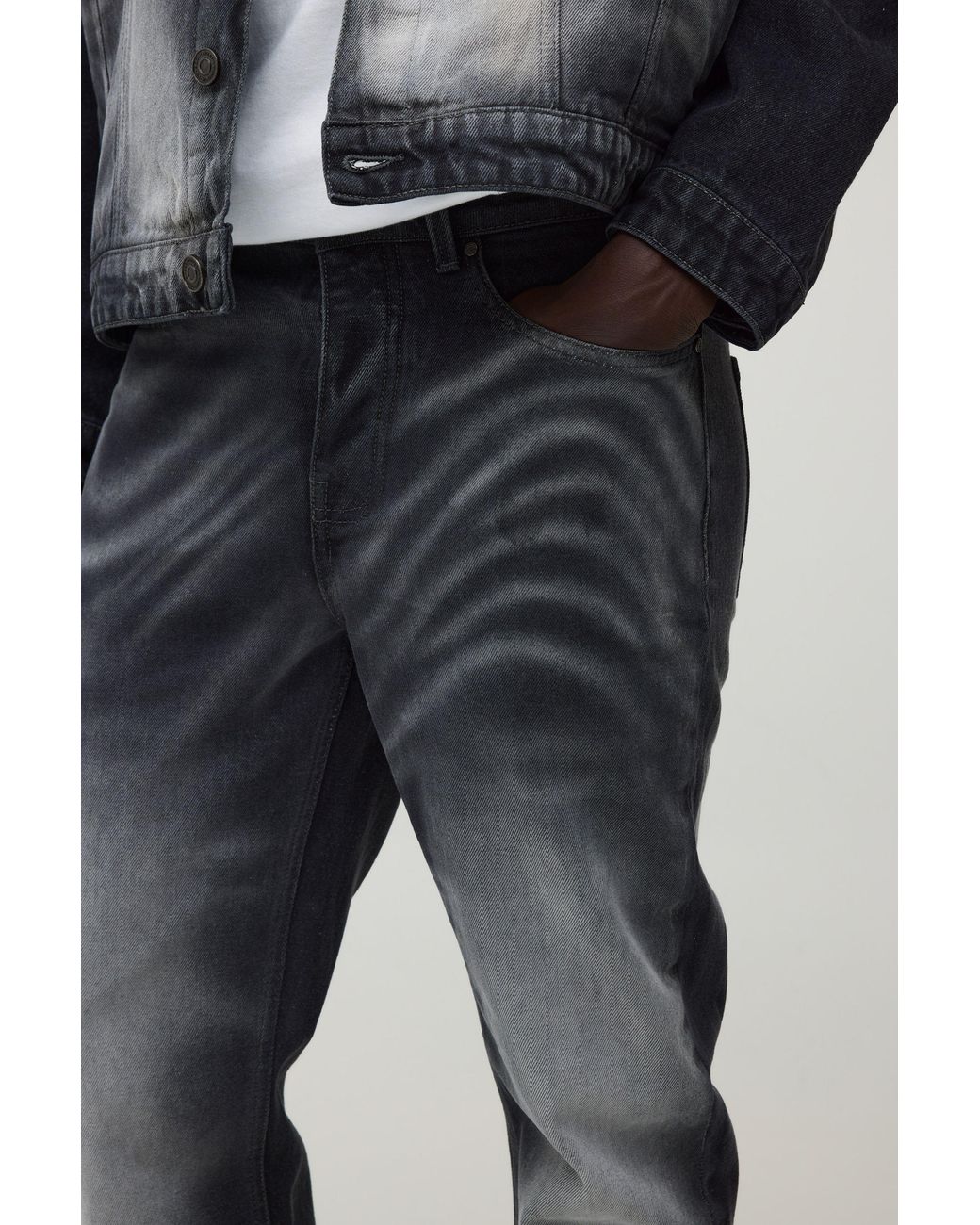BoohooMAN Black Straight Rigid Laser Print Marble Denim Jeans for men
