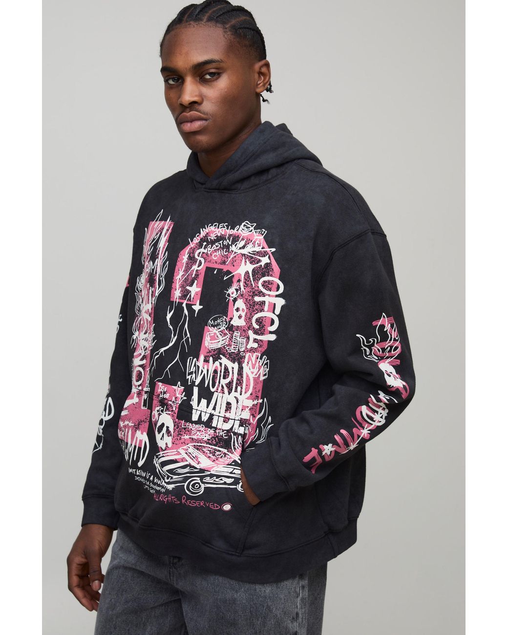 BoohooMAN Gray Oversized Doodle Print Acid Wash Hoodie Cotton for men