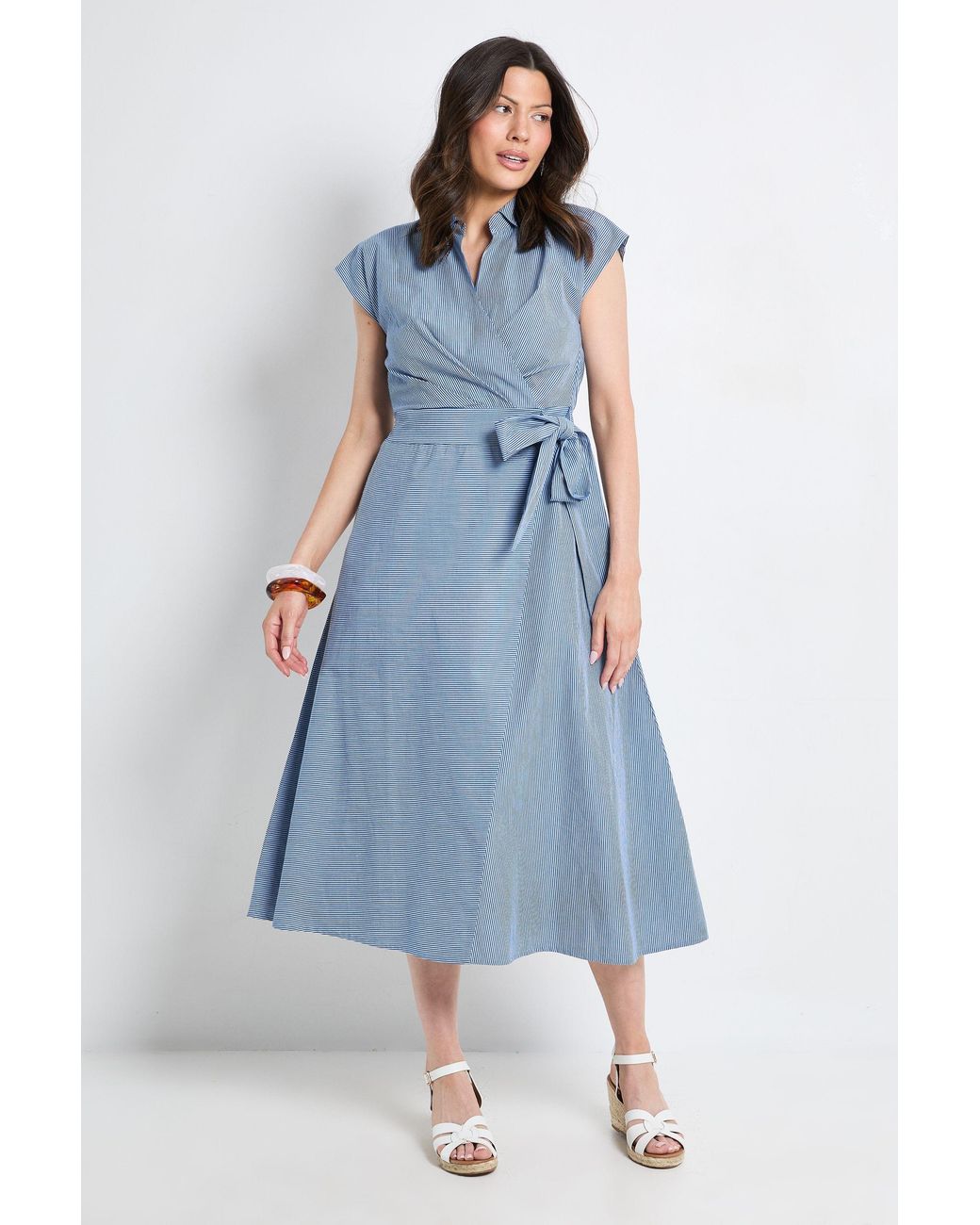 PRINCIPLES Blue Stripe Wrap Collared Shirt Dress