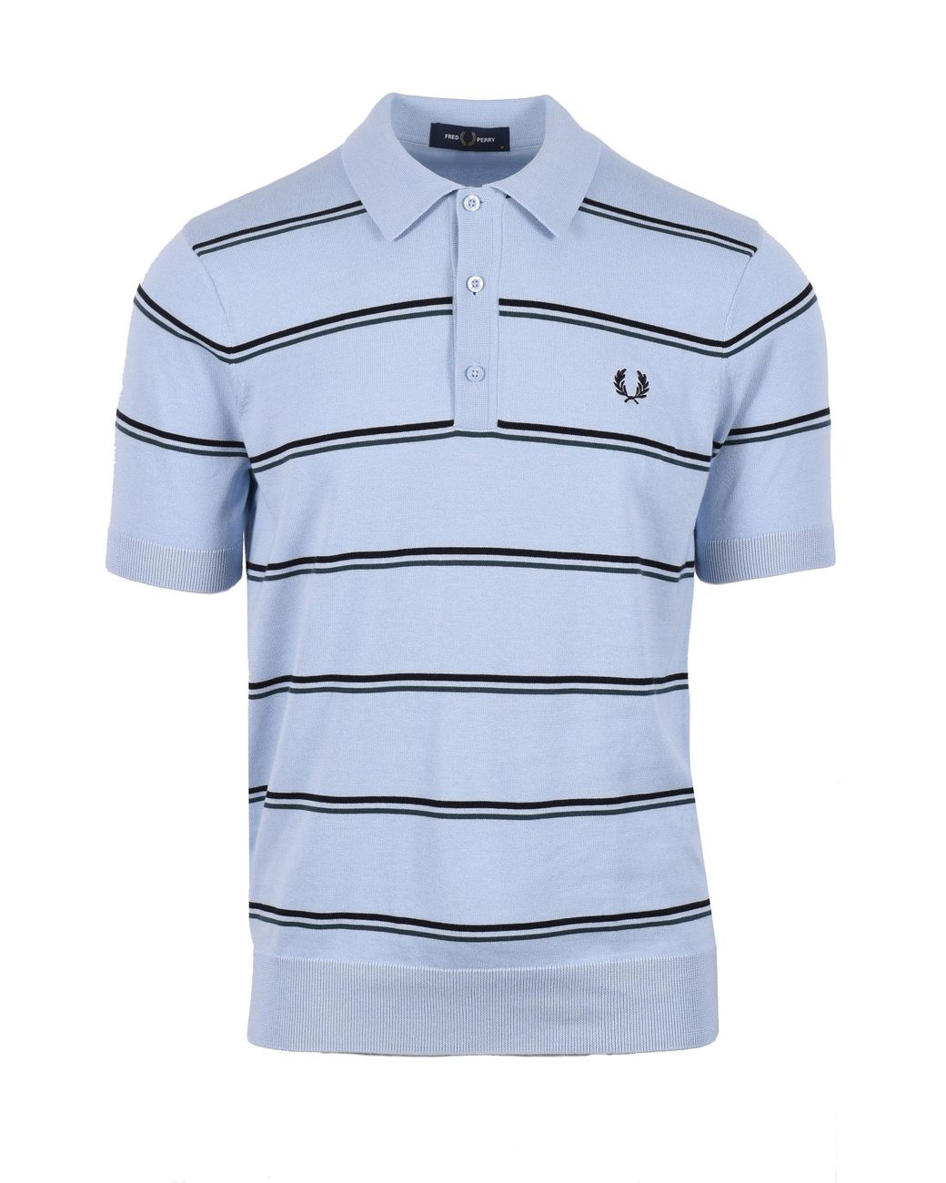 Fred Perry Blue Striped Knitted Polo Shirt Light Smoke for men