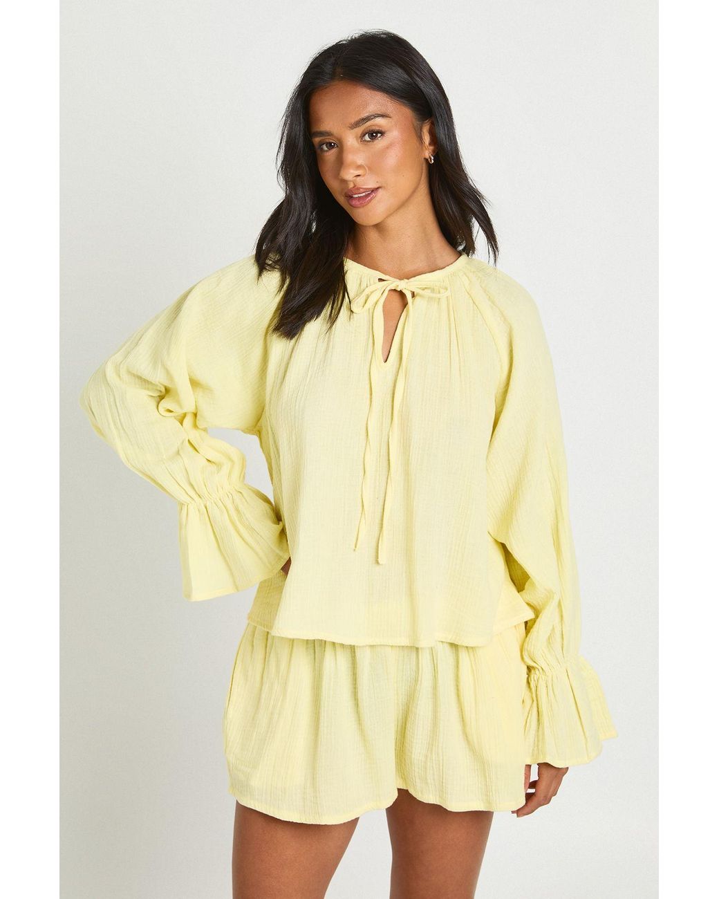 Boohoo Yellow Petite Cheesecloth Milkmaid Blouse And Short Co-Ord