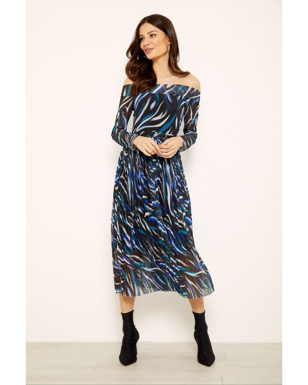 Sosandar Blue Print Mesh Pleat Bardot Dress
