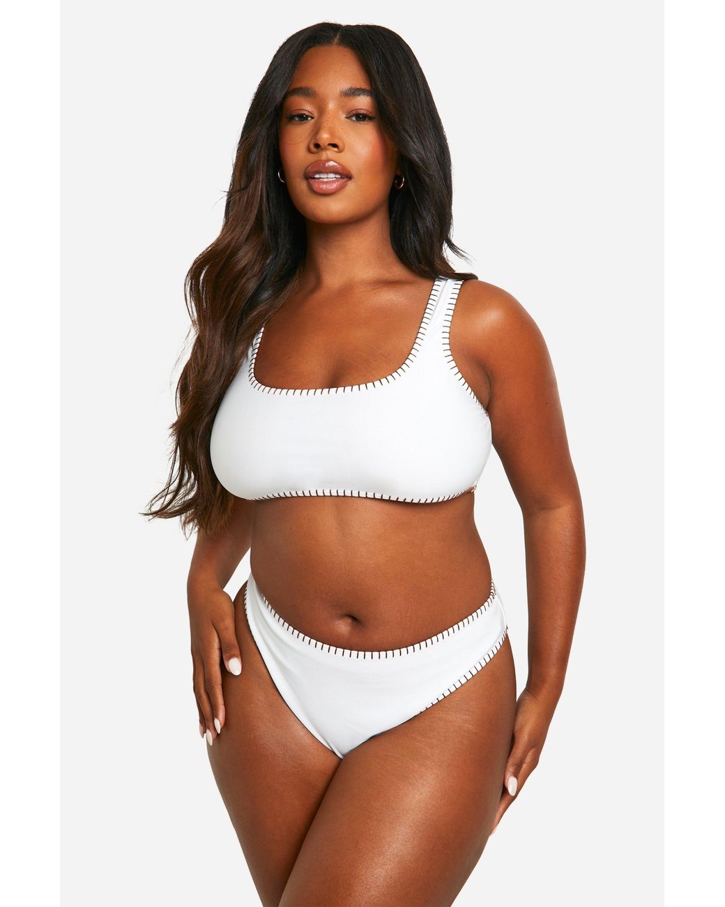 Boohoo Brown Plus Contrast Stitch High Waisted Bikini