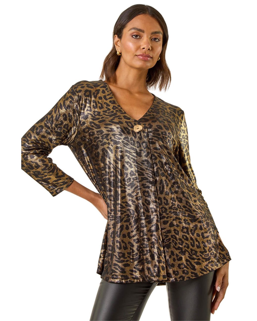 Roman Brown Metallic Animal Print Tunic Top