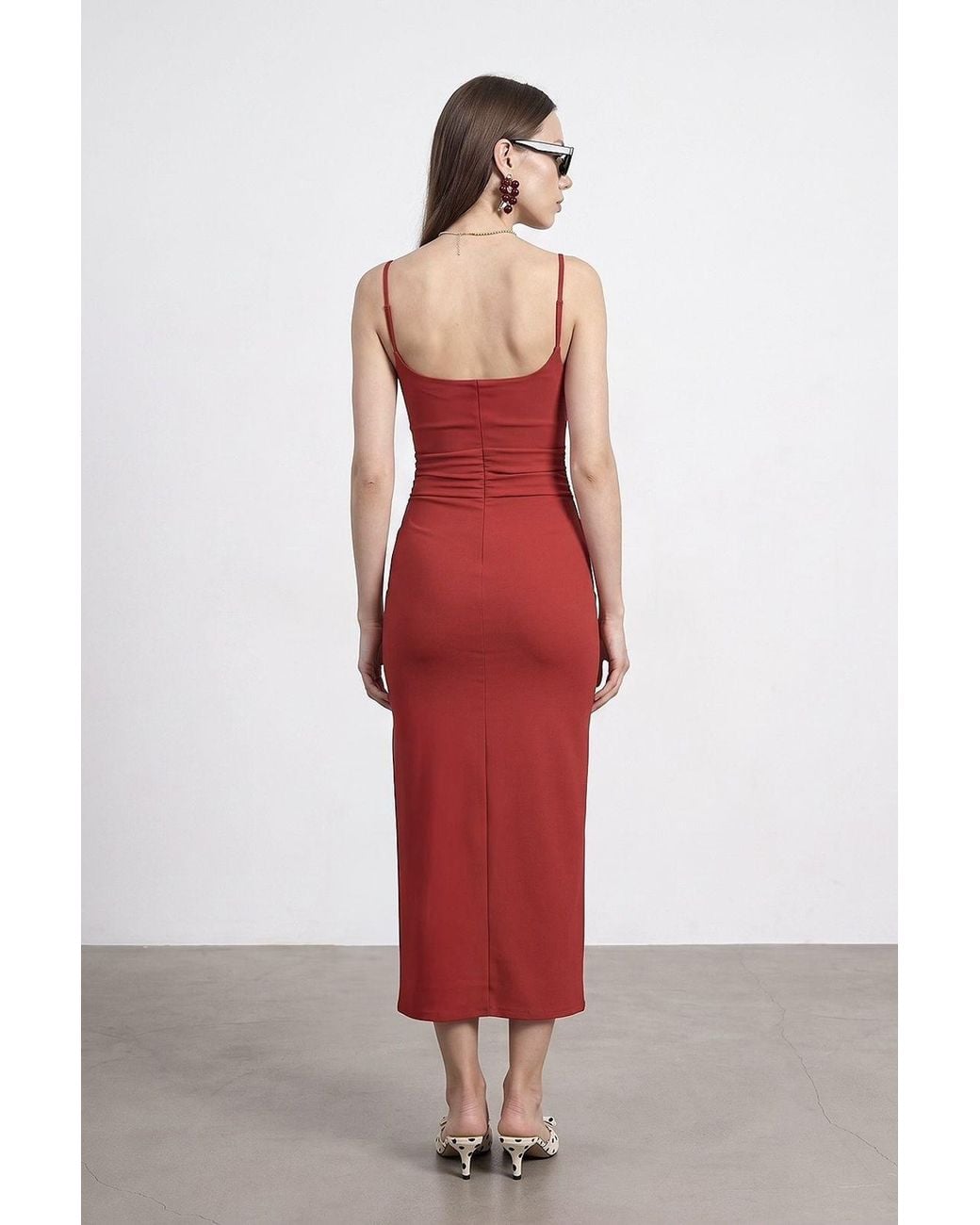 Dilvin Red Sleeveless Bodycon Midi Dress