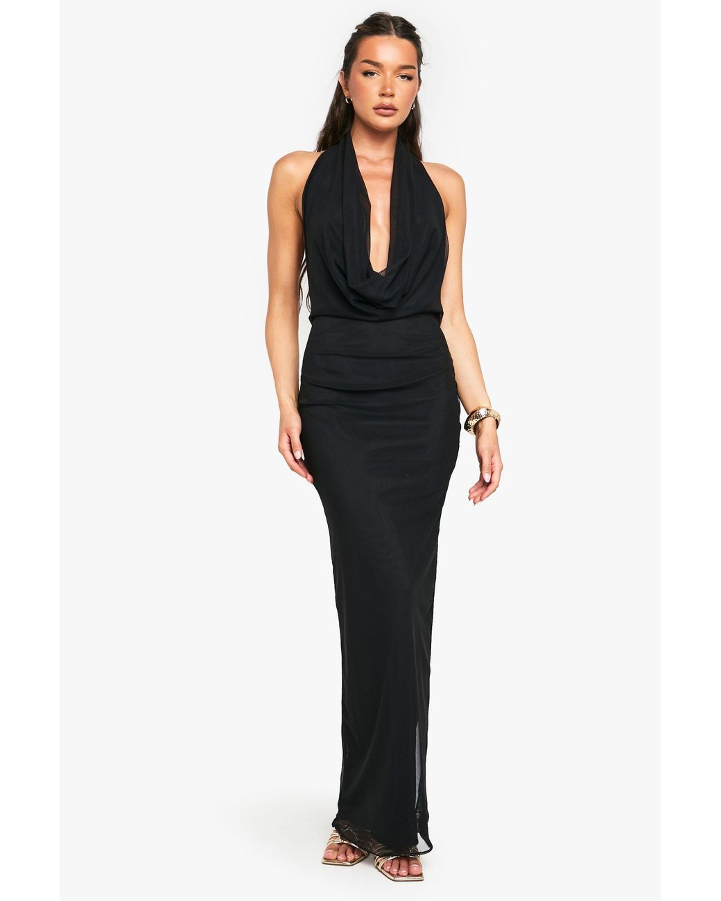 Boohoo Black Cowl Neck Mesh Maxi Dress