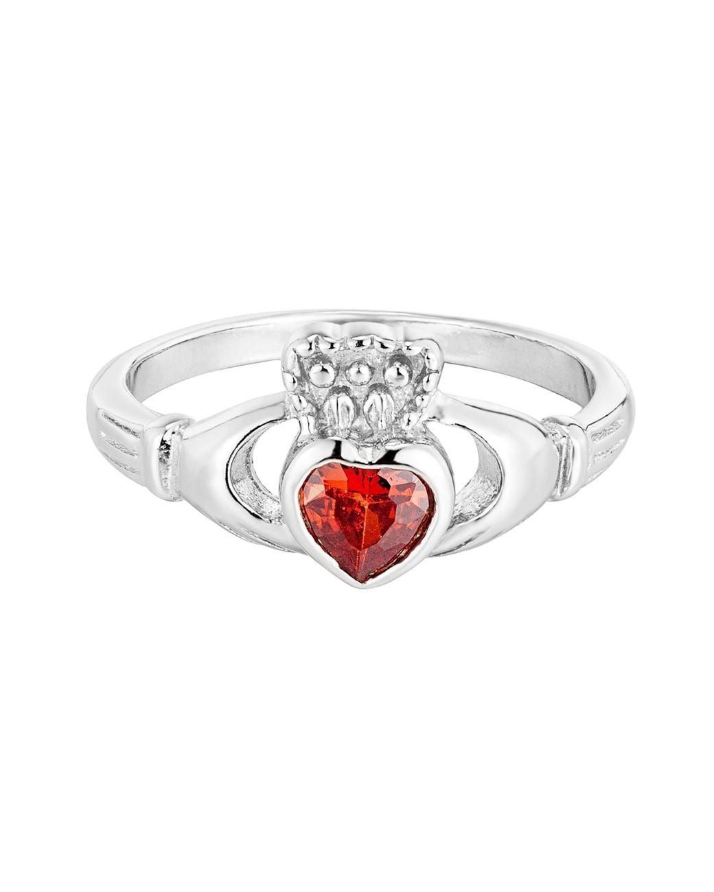 SEOL + GOLD White Sterling Garnet Cz Claddagh Ring