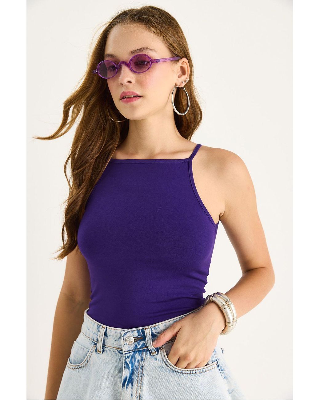 Bianco Lucci Purple Fitted Cotton Blend Halter Neck Cami Top