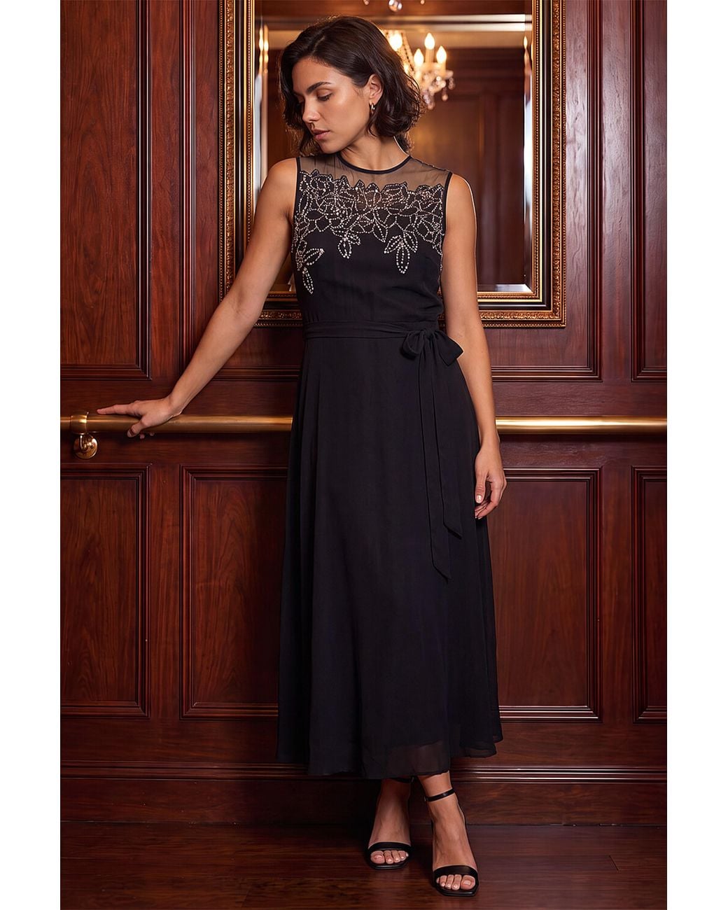Roman Red Floral Sequin Illusion Neckline Dress