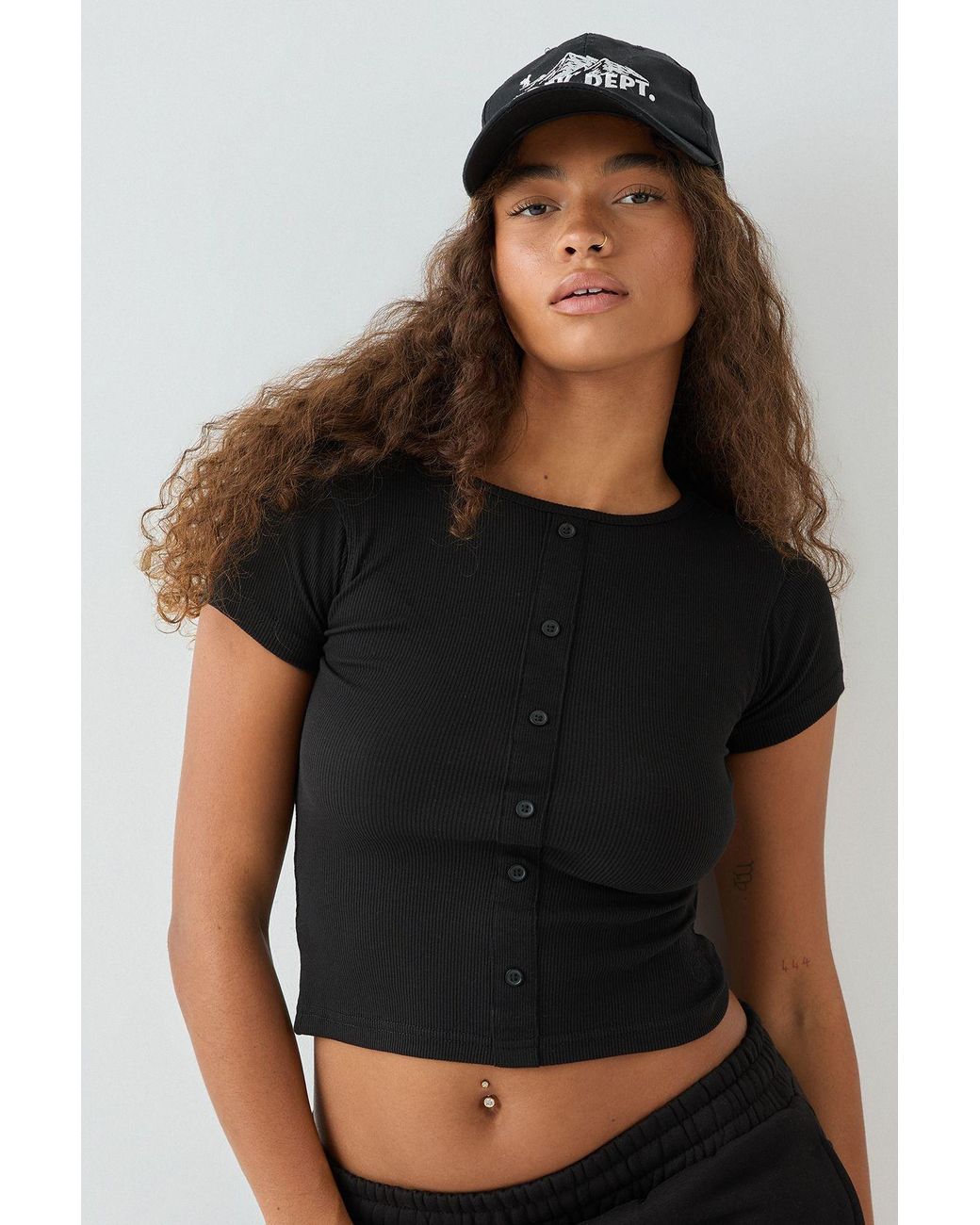 DSGN Studio Black Square Script Embroidered Rib Fitted Button Through Top