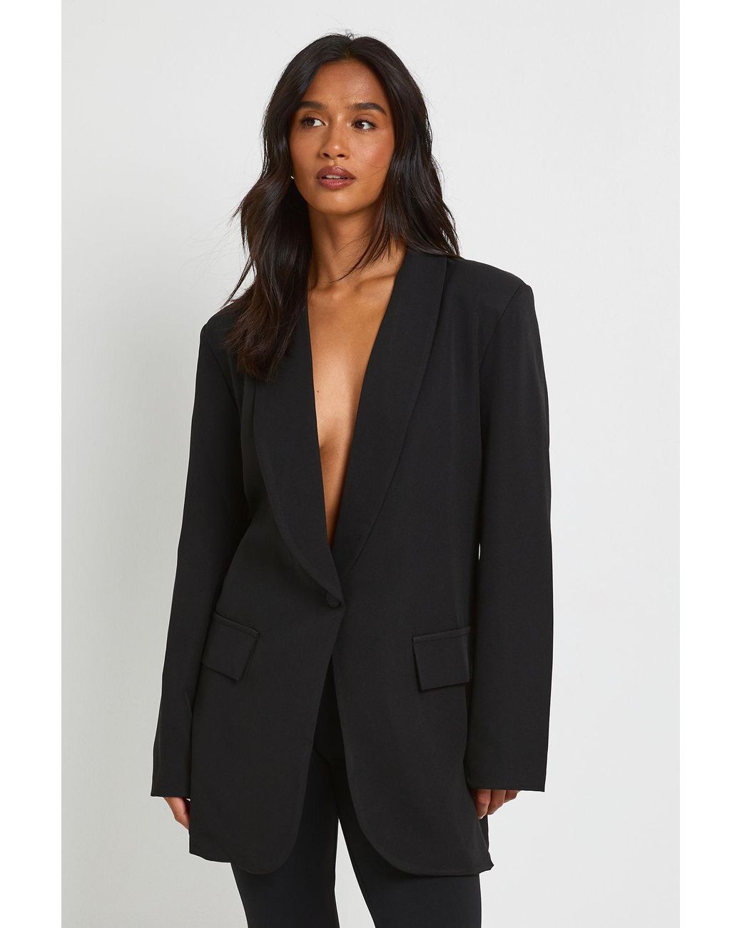 Boohoo Black Petite Shoulder Pad Plunge Oversized Blazer