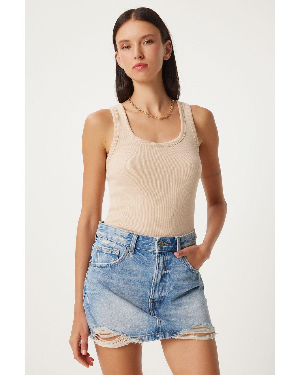 Happiness İstanbul Blue Fitted U Collar Knitted 2- Pack Tank Top
