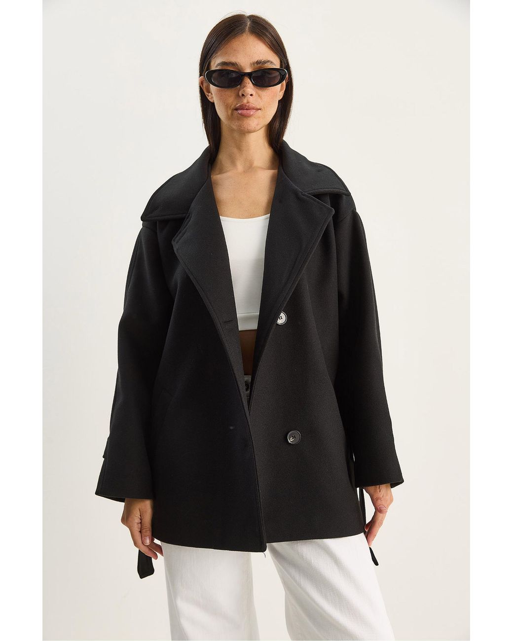 Bianco Lucci Black Oversized Midi Coat With Button Closure
