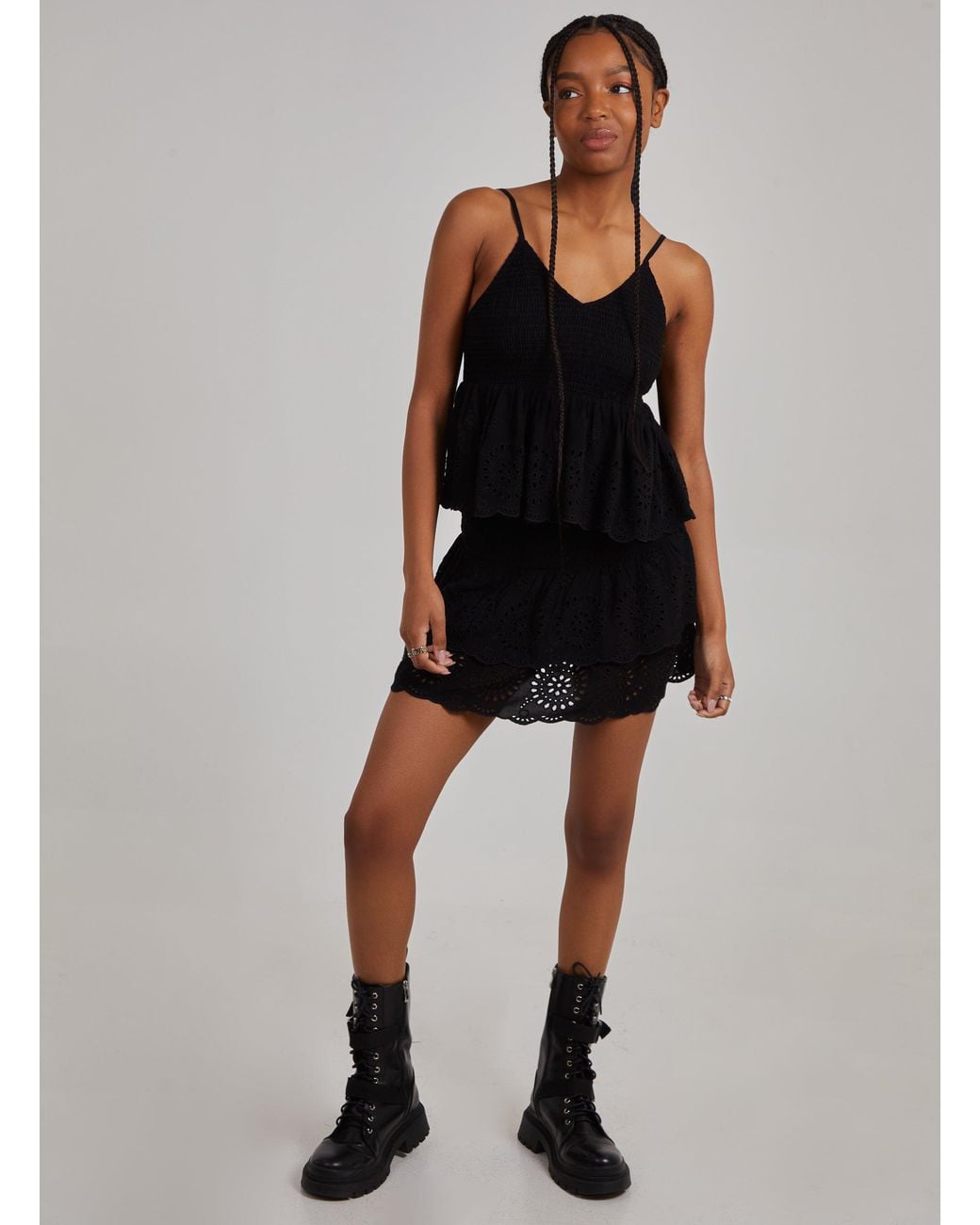 Pink Vanilla Black Shirred Broderie Ruffle Mini Skirt